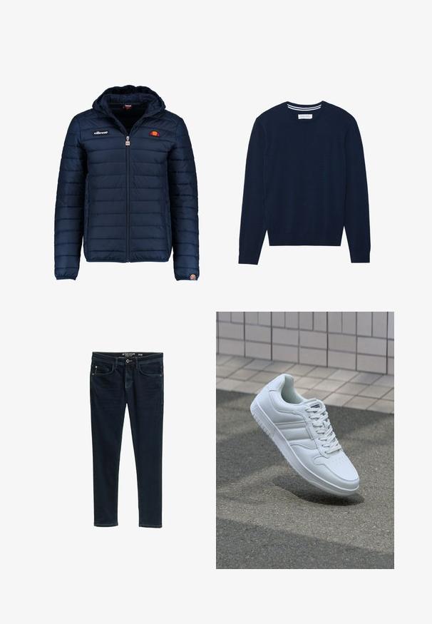 Tengerészkék puffos dzseki kapucnival, cipzáras záródással, csatorna varrással, és logóval díszített mellkassal és ujjakkal. Puha, texturált anyag.; Sötétkék kötött pulóver, kerek nyakkivágással, hosszú ujjakkal és bordás mandzsettával. A galléron kontrasztos csíkos részlet található.; Sötétkék, karcsú fazonú farmernadrág öt zsebbel, gombos záródással és finom koptatással az elején.; Fehér sportcipő sima bőr felsőrésszel, fűzős elülettel, perforált orral és mintázott talppal. Minimalista dizájn három oldalsávval.
