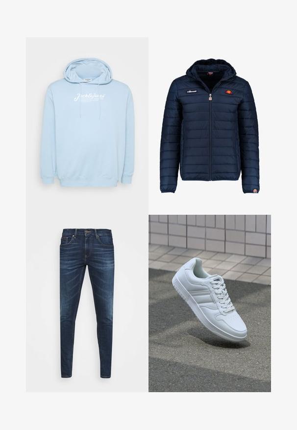 Marineblauwe gewatteerde jas met een capuchon, ritsluiting, kanalenstiksel en logoaccenten op de borst en mouw. Zachte, gestructureerde stof.; Lichtblauwe hoodie met een voorzak in kangoeroestijl, trekkoordcapuchon en witte logotekst op de borst. Gemaakt van zachte stof met ribgebreide manchetten.; Donkerblauwe denim jeans met een slim fit, subtiele vervaging, vijf zakken en een metalen knoopsluiting. Gestikte accenten in contrasterende kleur.; Witte sportsneaker met een glad leren bovenwerk, vetersluiting aan de voorkant, geperforeerde neus en een geprofileerde zool. Minimalistisch ontwerp met drie zijstrepen.