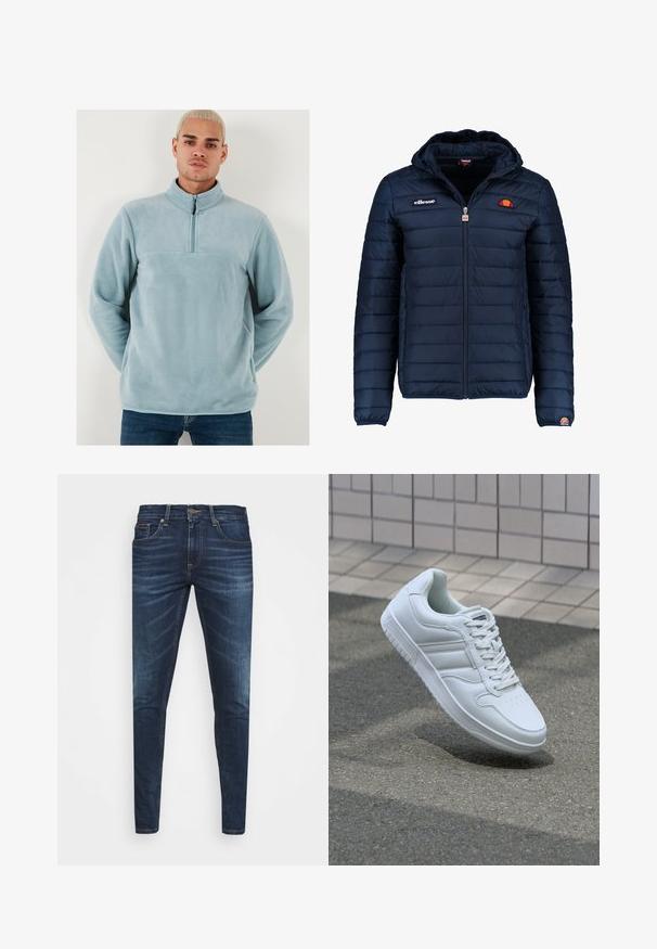 Dunkelblaue Daunenjacke mit Kapuze, Reißverschluss, Kastensteppnähten und Logo-Akzenten auf der Brust und dem Ärmel. Weicher, strukturierter Stoff.; Himmelblauer Fleece-Pullover mit hohem Kragen und halber Zip-Front. Weiche Textur mit einem einheitlichen Design und einer horizontalen Naht über der Brust.; Dunkelblaue Jeans im Slim Fit mit subtiler Verwaschung, fünf Taschen und einem Metallknopfverschluss. Genähte Akzente in kontrastierender Farbe.; Weiße sportliche Sneaker mit Obermaterial aus glattem Leder, Schnürfront, durchlöchtem Zehenbereich und gemusterter Sohle. Minimalistisches Design mit drei Seitenstreifen.