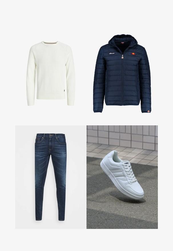 Navy blue puffer jacket with a hood, zip closure, channel stitching, and logo accents on the chest and sleeve. Soft, textured fabric.; White ribbed knit sweater with long sleeves, round neck, and a small logo tag on the side. Textured fabric adds visual interest.; Dark blue denim jeans with a slim fit, subtle fade, five pockets, and a metal button closure. Stitched accents in contrasting color.; White athletic sneaker with smooth leather upper, lace-up front, perforated toe, and patterned sole. Minimalist design with three side stripes.