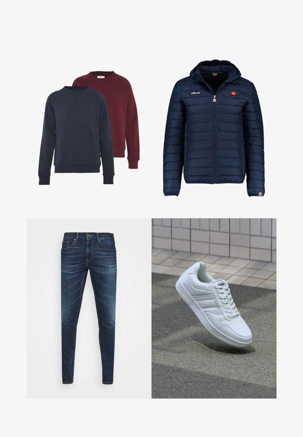 Granatowa kurtka puchowa z kapturem, zapinana na zamek, z przeszyciami w kształcie kanałów oraz akcentami loga na piersi i rękawie. Miękka, teksturowana tkanina.; Dwa swetry z okrągłym dekoltem, jeden w kolorze granatowym, a drugi w kolorze burgundowym, z prążkowanymi mankietami i dołem, w jednolitym kolorze i miękkiej fakturze.; Granatowe dżinsy o slim fit, delikatnym wyblaknięciu, pięciu kieszeniach i metalowym zapięciem. Haftowane akcenty w kontrastowym kolorze.; Białe sportowe trampki z gładkiej skóry, z zapięciem na sznurowadła, perforowanym noskiem i wzorzystą podeszwą. Minimalistyczny design z trzema paskami po bokach.
