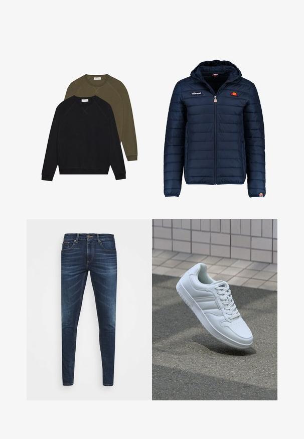 Námornícky modrá prešívaná bunda s kapucňou, zipsom, kanálovým prešívaním a logovými akcentmi na hrudi a rukáve. Mäkkučká, textúrovaná tkanina.; Dvé mikiny s okrúhlym výstrihom, jedna čierna a jedna olivová, s raglánovými rukávmi a viditeľným stehom. Mäkká textúra látky, bez vzorov.; Tmavomodré džíny s úzkym strihom, jemným opotrebovaním, piatimi vreckami a kovovým zapínaním. Šité akcenty v kontrastnej farbe.; Biele atletické tenisky s hladkým koženým zvrškom, šnurovaním vpredu, perforovanou špičkou a vzorovanou podrážkou. Minimalistický dizajn s tromi bočnými pruhmi.