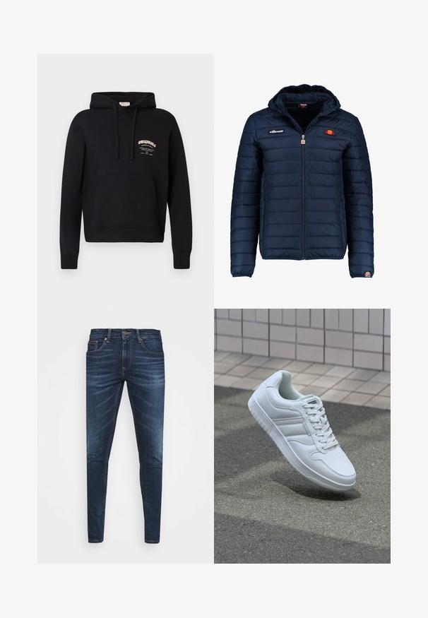 Veste matelassée bleu marine avec capuche, fermeture zippée, coutures en canaux et accents de logo sur la poitrine et la manche. Tissu doux et texturé.; Hoodie noir avec une poche frontale, capuche à cordon et un logo de marque blanc sur la poitrine. Construit en tissu en coton doux.; Jean en denim bleu foncé avec une coupe slim, décoloration subtile, cinq poches et une fermeture à bouton en métal. Accents cousus dans une couleur contrastante.; Baskets blanches de sport avec une tige en cuir lisse, un laçage à l'avant, une pointe perforée et une semelle à motifs. Design minimaliste avec trois bandes latérales.