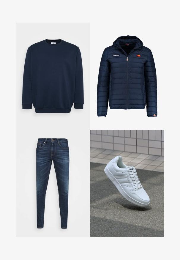 Granatowa kurtka puchowa z kapturem, zapinana na zamek, z przeszyciami w kształcie kanałów oraz akcentami loga na piersi i rękawie. Miękka, teksturowana tkanina.; Granatowy sweatshirt wykonany z miękkiej mieszanki bawełny, z okrągłym dekoltem, długimi rękawami oraz ściągaczami przy mankietach i u dołu. Minimalistyczny design bez wzorów.; Granatowe dżinsy o slim fit, delikatnym wyblaknięciu, pięciu kieszeniach i metalowym zapięciem. Haftowane akcenty w kontrastowym kolorze.; Białe sportowe trampki z gładkiej skóry, z zapięciem na sznurowadła, perforowanym noskiem i wzorzystą podeszwą. Minimalistyczny design z trzema paskami po bokach.