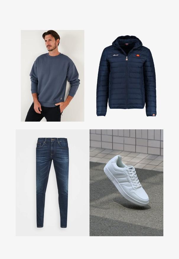 Tengerészkék puffos dzseki kapucnival, cipzáras záródással, csatorna varrással, és logóval díszített mellkassal és ujjakkal. Puha, texturált anyag.; Kék pamut pulóver kerek nyakkal, leengedett vállakkal és bordázott ujjakon. Az alsó oldalon egy kis címke található. Puha tapintás.; Sötétkék farmernadrág, testhezálló fazonnal, finom áttűnéssel, öt zsebbel és fémből készült gombzárral. Kontrasztos színű varrási díszítések.; Fehér sportcipő sima bőr felsőrésszel, fűzős elülettel, perforált orral és mintázott talppal. Minimalista dizájn három oldalsávval.