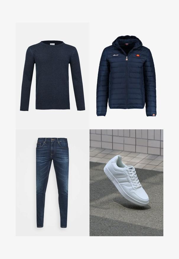 Veste matelassée bleu marine avec capuche, fermeture zippée, coutures en canaux et accents de logo sur la poitrine et la manche. Tissu doux et texturé.; Pull en tricot côtelé marine avec des manches longues, un col ras du cou et un motif texturé. Fabriqué dans un tissu doux, il présente une silhouette ajustée.; Jean en denim bleu foncé avec une coupe slim, décoloration subtile, cinq poches et une fermeture à bouton en métal. Accents cousus dans une couleur contrastante.; Baskets blanches de sport avec une tige en cuir lisse, un laçage à l'avant, une pointe perforée et une semelle à motifs. Design minimaliste avec trois bandes latérales.