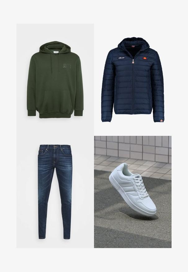 Marineblå puffjakke med hette, glidelås, kanalsøm og logoaksenter på brystet og ermet. Mykt, teksturert stoff.; Olivengrønn hettegenser med frontlomme, snorhette og preget logo på brystet. Laget av myk, strukturert stoff.; Mørkeblå denimjeans med smal passform, subtil falming, fem lommer og metallknaplukking. Sømmer i kontrastfarge.; Hvit atletisk sneaker med glatt skinnoverside, snøring foran, perforert tå og mønstrets såle. Minimalistisk design med tre side-striper.