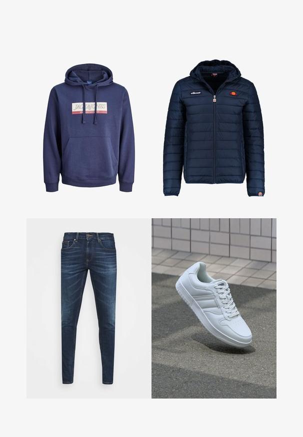 Tums zilā puffer jaka ar kapuci, rāvējslēdzēja aizdare, kanālu šuvēm un logotipa akcentiem uz krūtīm un piedurknēm. Mīksta, teksturēta auduma.; Tumši zila kapuce, kas izgatavota no kokvilnas maisījuma auduma, ar priekšējo kanguru kabatu, kapuci ar auklu un grafisku logotipa dizainu uz krūtīm.; Tumši zili džinsi ar šauru piegriezumu, ar vieglu izbalēšanu, piecām kabatām un metalizētu pogu aizdari. Šuvju akcenti kontrastējošā krāsā.; Balti sporta apavi ar gludu ādas virsu, sasienamais priekšpuse, perforēts purngals un rakstaina zole. Minimālisma dizains ar trim sānu svītrām.