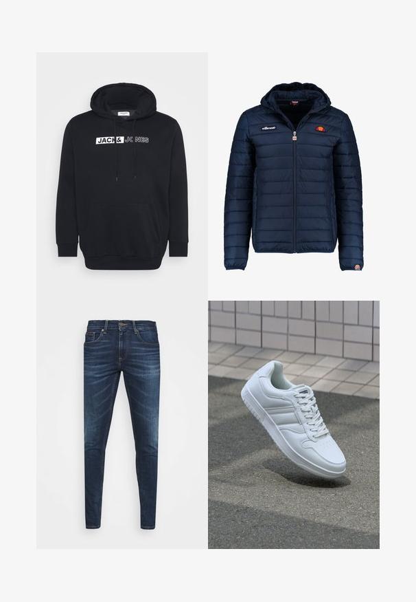 Dunkelblaue Daunenjacke mit Kapuze, Reißverschluss, Kastensteppnähten und Logo-Akzenten auf der Brust und dem Ärmel. Weicher, strukturierter Stoff.; Schwarzer Hoodie aus Baumwollmischung, mit einer großen Fronttasche, Kordelzugkapuze und weißem Markenlogo auf der Brust.; Dunkelblaue Jeans im Slim Fit mit subtiler Verwaschung, fünf Taschen und einem Metallknopfverschluss. Genähte Akzente in kontrastierender Farbe.; Weiße sportliche Sneaker mit Obermaterial aus glattem Leder, Schnürfront, durchlöchtem Zehenbereich und gemusterter Sohle. Minimalistisches Design mit drei Seitenstreifen.