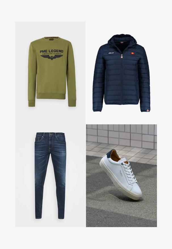 Mornaricnoplava pufasta jakna s kapuljačom, zatvaranje na zip, kanalno šivanje i akcenti s logom na prsima i rukavu. Mekani, teksturirani materijal.; Maslinasto zelena majica s dugim rukavima i okruglim izrezom, s plavim vojnim natpisima i grafikom krila. Rebrasti rubovi rukava i donji rub, izrađena od mekane tkanine.; Tamno plave traperice uskog kroja, s blagim izbljeđivanjem, pet džepova i metalnim zatvaranjem na dugme. Šivani detalji u kontrastnoj boji.; Bijela kožna tenisica s mornarskom petom, okruglim vrhom i kontrastnim smešnim akcentima. Sadrži ravne vezice i teksturiranu gumenu potplat.