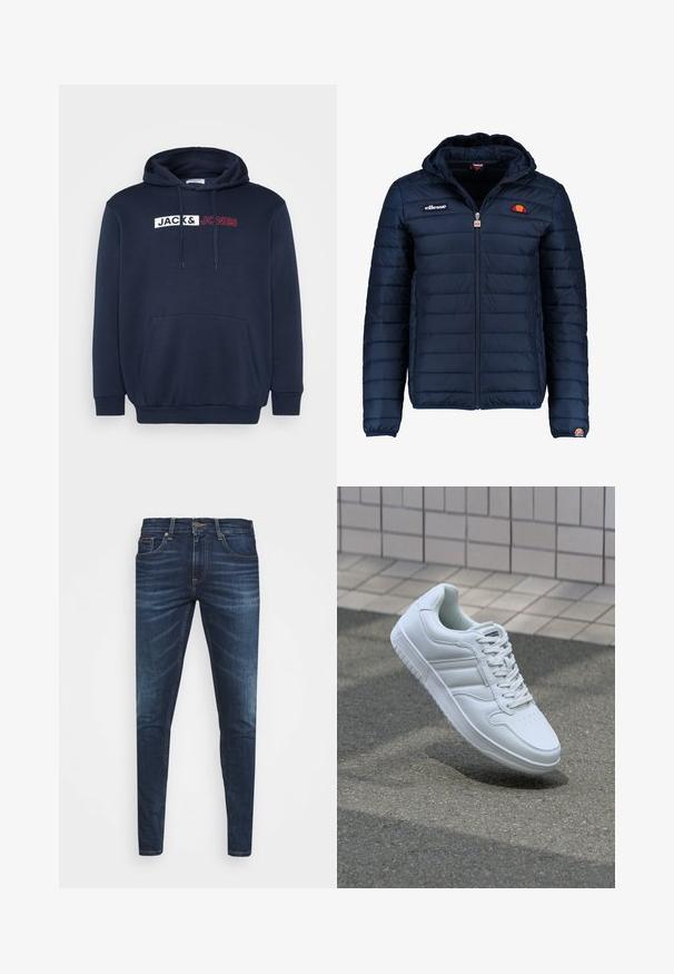 Casaco puffer azul marinho com capuz, fecho de correr, costura em canais e detalhes do logo no peito e na manga. Tecido macio e texturizado.; Sweatshirt azul marinho com um bolso canguru, capuz com cordão e logótipo impresso em branco/vermelho com a inscrição "JACK & JONES" na parte frontal.; Jeans de ganga azul escura com um corte slim, desbotamento suave, cinco bolsos e fecho com botão de metal. Detalhes costurados em cor contrastante.; Sapatilha desportiva branca com parte superior em couro liso, frente com atacadores, bico perfurado e sola padronizada. Design minimalista com três riscas laterais.