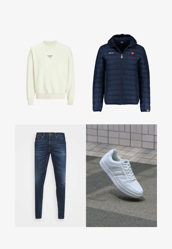 Temno modra napihnjena jakna s kapuco, z zadrgo, kanalnim šivom in logotipom na prsih in rokavu. Mehka, teksturirana tkanina.; Kremna pulover s ribanim ovratnikom, elastičnimi manšetami in robom. Ima natisnjeno črno logo na sprednji strani. Mehak tekstura.; Temno modri kavbojke ozkega kroja, s subtilnim bledenjem, petimi žepi in kovinskim zapiranjem na gumb. Oštrikanje z akcenti v kontrastni barvi.; Bela atletska teniska obutev z gladkim usnjenim zgornjim delom, vezanjem spredaj, perforiranim prstom in vzorčastim podplatom. Minimalistična zasnova s tremi stranskimi črtami.