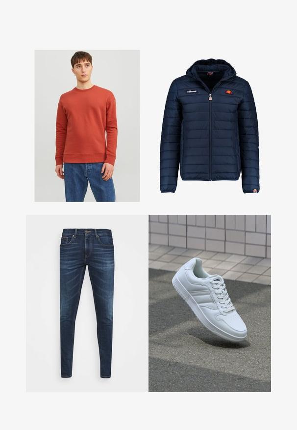 Marineblauwe gewatteerde jas met een capuchon, ritsluiting, kanalenstiksel en logoaccenten op de borst en mouw. Zachte, gestructureerde stof.; Jack & Jones JJESTAR CREW NECK - Sweater - cinnabar; Donkerblauwe denim jeans met een slim fit, subtiele vervaging, vijf zakken en een metalen knoopsluiting. Gestikte accenten in contrasterende kleur.; Witte sportsneaker met een glad leren bovenwerk, vetersluiting aan de voorkant, geperforeerde neus en een geprofileerde zool. Minimalistisch ontwerp met drie zijstrepen.