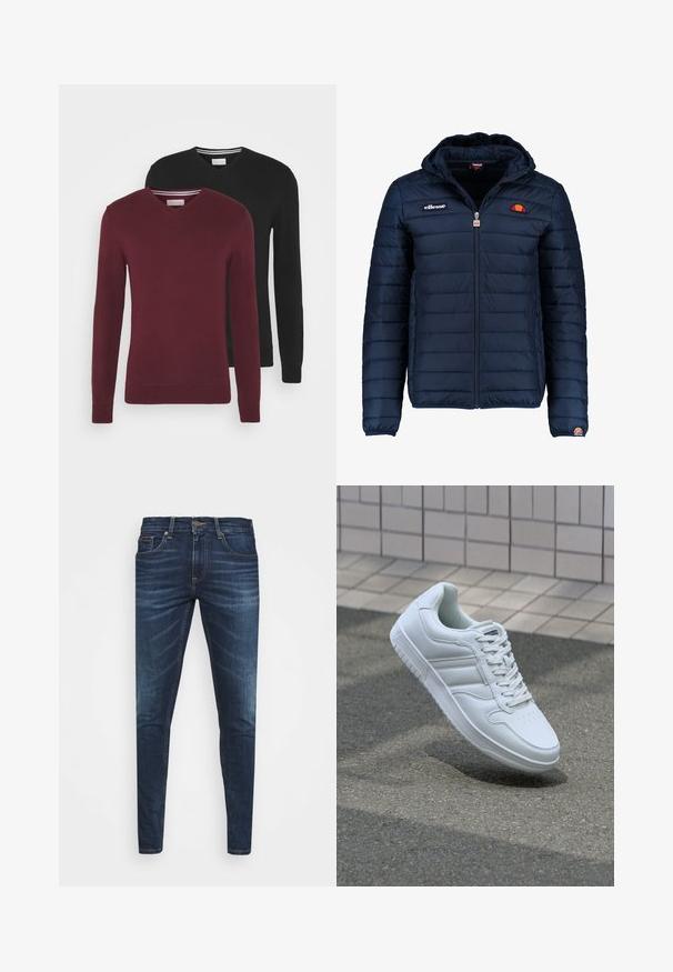 Jachetă puffer de culoare bleumarin, cu glugă, închidere cu fermoar, cusături în canale și detalii cu logo pe piept și pe mânecă. Material moale, texturat.; Două pulovere cu guler în V, în nuanțele burgund și negru. Ambele au mâneci lungi și manșete răsucite, fiind realizate dintr-un material tricotat moale. Detaliu cu dungi la guler.; Jeans din denim de culoare albastră închisă, cu o croială slim, ușor decolorate, cinci buzunare și închidere cu buton metalic. Detalii cusute în culori contrastante.; Adidași albi pentru sport cu superior din piele netedă, sistem de șireturi în față, vârf perforat și talpă cu model. Design minimalist cu trei dungi laterale.