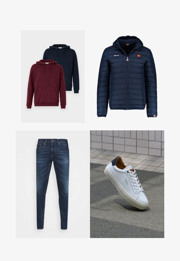 Mornaricnoplava pufasta jakna s kapuljačom, zatvaranje na zip, kanalno šivanje i akcenti s logom na prsima i rukavu. Mekani, teksturirani materijal.; Dva dukseva: jedan boje burgundca i jedan mornarsko plave boje. Oboje imaju prednji kengur džep, kapuljaču sa vezicama, rebraste manžetne i meki tekstil.; Tamno plave traperice uskog kroja, s blagim izbljeđivanjem, pet džepova i metalnim zatvaranjem na dugme. Šivani detalji u kontrastnoj boji.; Bijela kožna tenisica s mornarskom petom, okruglim vrhom i kontrastnim smešnim akcentima. Sadrži ravne vezice i teksturiranu gumenu potplat.