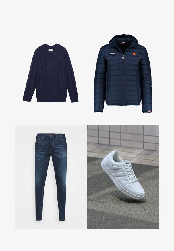 Marineblauwe gewatteerde jas met een capuchon, ritsluiting, kanalenstiksel en logoaccenten op de borst en mouw. Zachte, gestructureerde stof.; Navyblauwe gebreide trui met kabelpatronen, ribgebreide halslijn en manchetten. Gemaakt van textuurgaren voor extra warmte en comfort.; Donkerblauwe denim jeans met een slim fit, subtiele vervaging, vijf zakken en een metalen knoopsluiting. Gestikte accenten in contrasterende kleur.; Witte sportsneaker met een glad leren bovenwerk, vetersluiting aan de voorkant, geperforeerde neus en een geprofileerde zool. Minimalistisch ontwerp met drie zijstrepen.