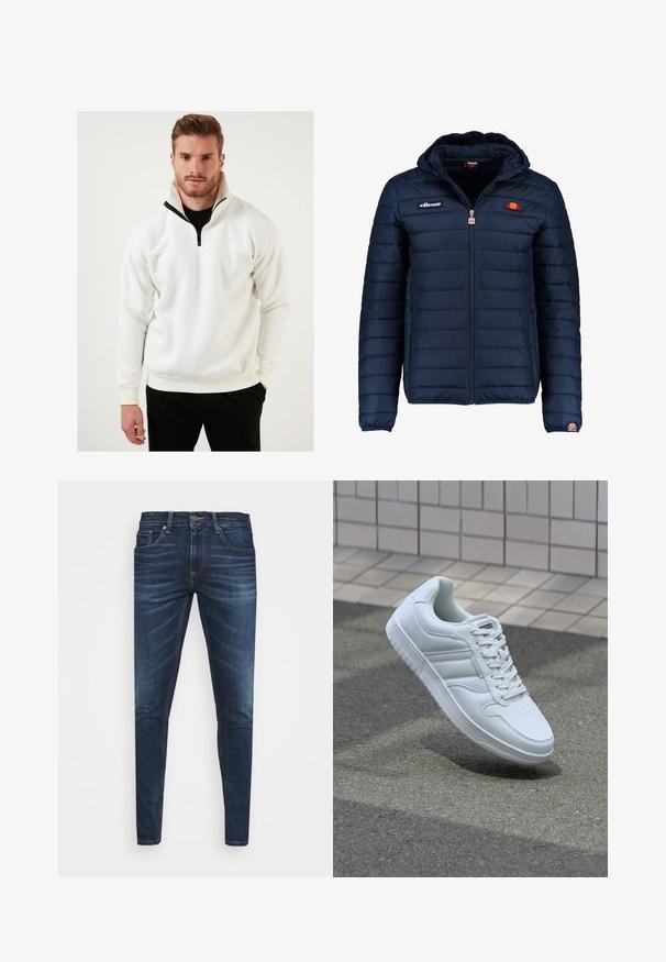 Granatowa kurtka puchowa z kapturem, zapinana na zamek, z przeszyciami w kształcie kanałów oraz akcentami loga na piersi i rękawie. Miękka, teksturowana tkanina.; Biały sweter z miękkiego materiału, z kołnierzem na pół-zamek w czarnych akcentach. Projekt zawiera ściągacze na rękawach oraz luźny krój.; Granatowe dżinsy o slim fit, delikatnym wyblaknięciu, pięciu kieszeniach i metalowym zapięciem. Haftowane akcenty w kontrastowym kolorze.; Białe sportowe trampki z gładkiej skóry, z zapięciem na sznurowadła, perforowanym noskiem i wzorzystą podeszwą. Minimalistyczny design z trzema paskami po bokach.