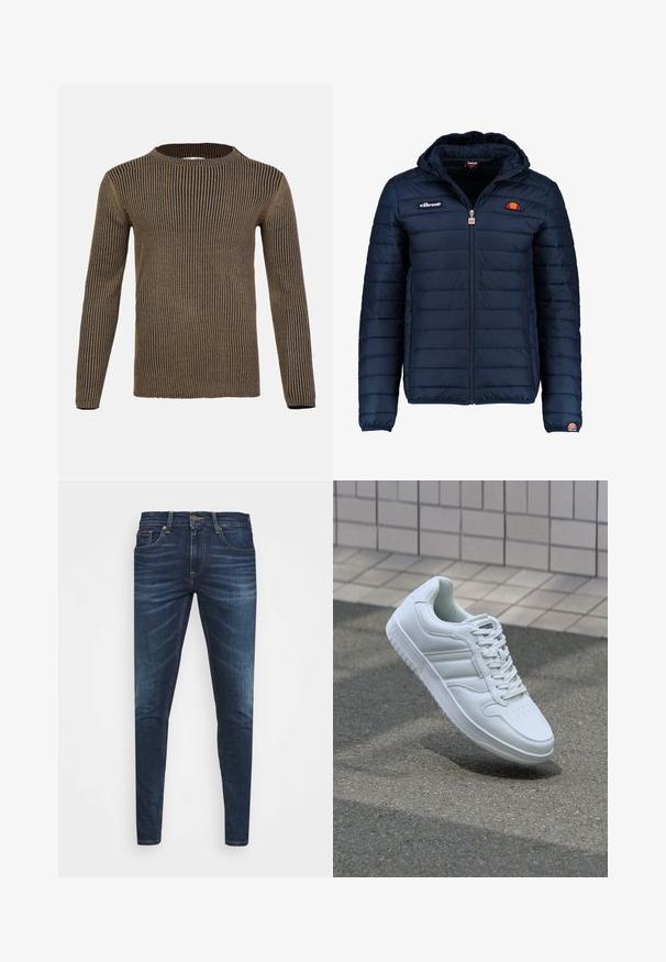 Tengerészkék puffos dzseki kapucnival, cipzáras záródással, csatorna varrással, és logóval díszített mellkassal és ujjakkal. Puha, texturált anyag.; Barna és fekete csíkos, hosszú ujjú pulóver, kerek nyakkivágással, bordás textúrával és egyenes szegéllyel. Puha, kötött anyagból készült.; Sötétkék farmernadrág, testhezálló fazonnal, finom áttűnéssel, öt zsebbel és fémből készült gombzárral. Kontrasztos színű varrási díszítések.; Fehér sportcipő sima bőr felsőrésszel, fűzős elülettel, perforált orral és mintázott talppal. Minimalista dizájn három oldalsávval.
