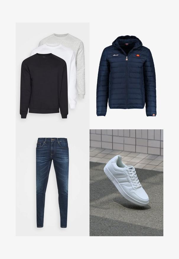 Giubbotto imbottito blu navy con cappuccio, chiusura con zip, cuciture a canale e dettagli con logo sul petto e sulla manica. Tessuto morbido e testurizzato.; Tre felpe girocollo in nero, bianco e grigio chiaro. Presentano maniche lunghe, polsini a costine e un tessuto morbido e strutturato.; Jeans in denim blu scuro con vestibilità slim, leggero sbiadito, cinque tasche e chiusura con bottone in metallo. Dettagli cuciti in un colore a contrasto.; Sneaker sportivo bianco con tomaia in pelle liscia, chiusura con lacci, punta perforata e suola decorata. Design minimalista con tre strisce laterali.