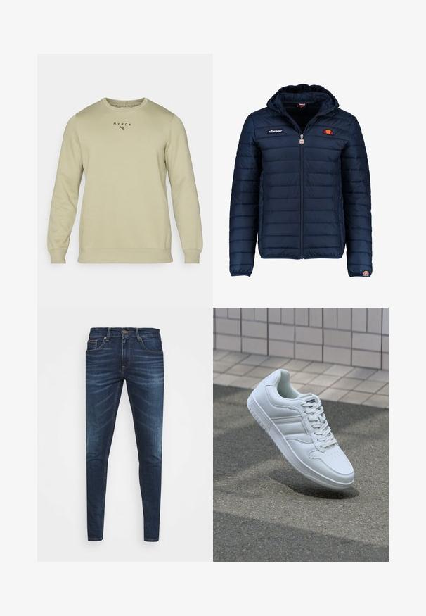 Granatowa kurtka puchowa z kapturem, zapinana na zamek, z przeszyciami w kształcie kanałów oraz akcentami loga na piersi i rękawie. Miękka, teksturowana tkanina.; Jasnozielona bluza z długim rękawem, okrągłym dekoltem i ściągaczami. Na piersi znajduje się czarny napis "HYROX" oraz logo Pumy. Gładka faktura.; Granatowe dżinsy o slim fit, delikatnym wyblaknięciu, pięciu kieszeniach i metalowym zapięciem. Haftowane akcenty w kontrastowym kolorze.; Białe sportowe trampki z gładkiej skóry, z zapięciem na sznurowadła, perforowanym noskiem i wzorzystą podeszwą. Minimalistyczny design z trzema paskami po bokach.