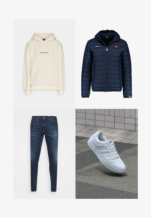 Navy blue puffer jacket with a hood, zip closure, channel stitching, and logo accents on the chest and sleeve. Soft, textured fabric.; Cream-colored sherpa fleece hoodie with "Originals Studio" printed in black on the chest, featuring long sleeves and a front hood.; Dark blue denim jeans with a slim fit, subtle fade, five pockets, and a metal button closure. Stitched accents in contrasting color.; White athletic sneaker with smooth leather upper, lace-up front, perforated toe, and patterned sole. Minimalist design with three side stripes.