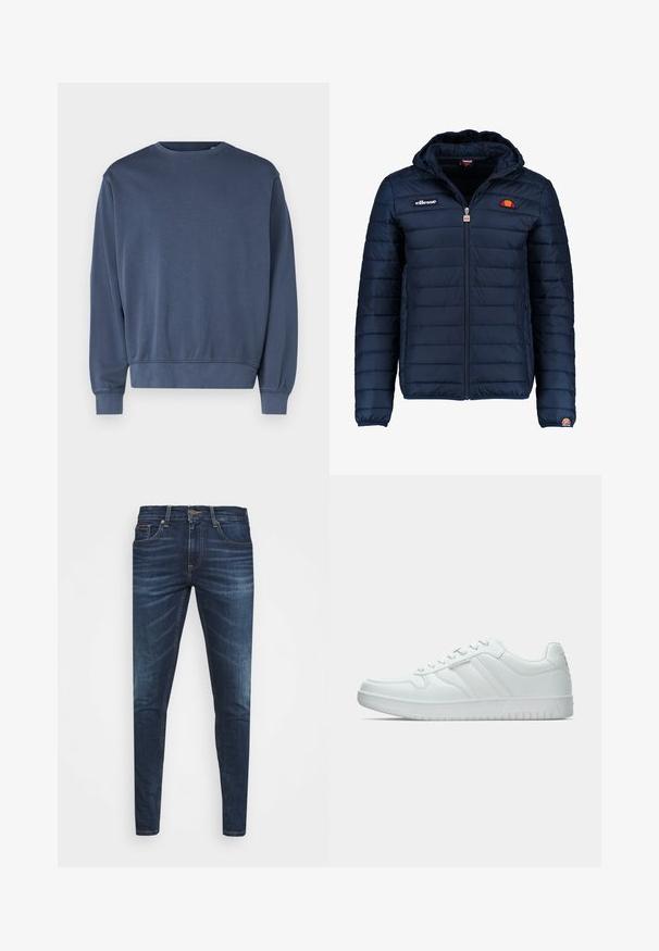 Marineblå puffjakke med hette, glidelås, kanalsøm og logoaksenter på brystet og ermet. Mykt, teksturert stoff.; Mørkeblå genser i myk stoff, med rund hals, lange ermer og ribbestrikkede mansjetter og kant. Enkel design, uten mønstre eller grafikk.; Mørkeblå denimjeans med smal passform, subtil falming, fem lommer og metallknaplukking. Sømmer i kontrastfarge.; Hvite sportsko laget av syntetisk materiale. Har glatt tekstur, avrundet tå, snøring og stripet dekor på sidene.