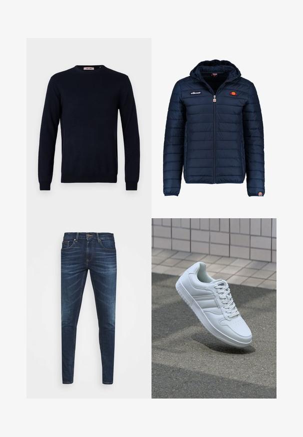 Tums zilā puffer jaka ar kapuci, rāvējslēdzēja aizdare, kanālu šuvēm un logotipa akcentiem uz krūtīm un piedurknēm. Mīksta, teksturēta auduma.; Jūras zila apaļo kaklu džemperis, izgatavots no gludas adīšanas auduma, ar garām piedurknēm un ribinātiem piedurkņu galiem un apakšmalu. Minimālistisks dizains bez rakstiem.; Tumši zili džinsi ar šauru piegriezumu, ar vieglu izbalēšanu, piecām kabatām un metalizētu pogu aizdari. Šuvju akcenti kontrastējošā krāsā.; Balti sporta apavi ar gludu ādas virsu, sasienamais priekšpuse, perforēts purngals un rakstaina zole. Minimālisma dizains ar trim sānu svītrām.