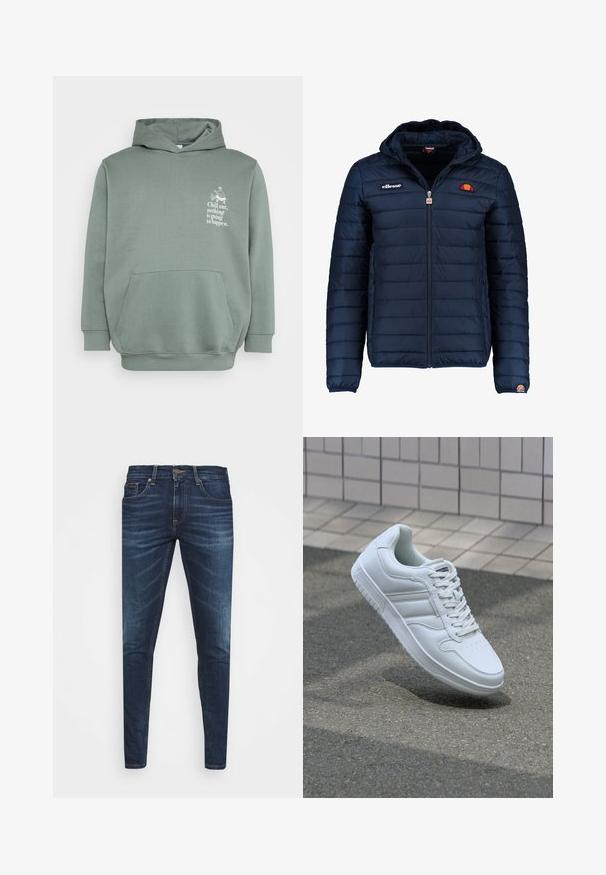 Tums zilā puffer jaka ar kapuci, rāvējslēdzēja aizdare, kanālu šuvēm un logotipa akcentiem uz krūtīm un piedurknēm. Mīksta, teksturēta auduma.; Gaiši zaļa kapuce, kas izgatavota no mīksta auduma. Tajā ir priekšējā kabata, kapuce ar aukliņu un drukāts teksts ar grafisko dizainu uz krūtīm.; Tumši zili džinsi ar šauru piegriezumu, ar vieglu izbalēšanu, piecām kabatām un metalizētu pogu aizdari. Šuvju akcenti kontrastējošā krāsā.; Balti sporta apavi ar gludu ādas virsu, sasienamais priekšpuse, perforēts purngals un rakstaina zole. Minimālisma dizains ar trim sānu svītrām.