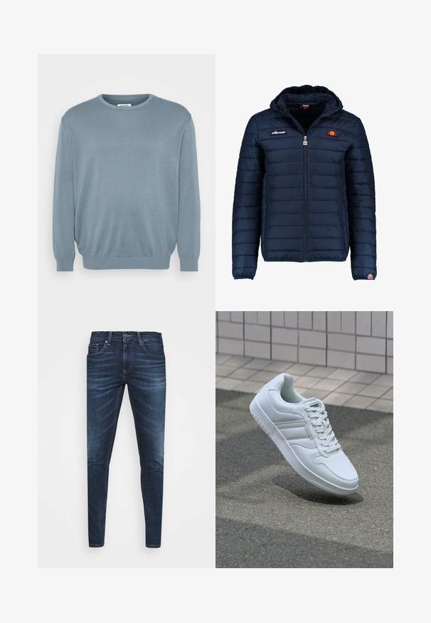 Mornaricnoplava pufasta jakna s kapuljačom, zatvaranje na zip, kanalno šivanje i akcenti s logom na prsima i rukavu. Mekani, teksturirani materijal.; Svijetloplavi pulover od pletene tkanine, s okruglim izrezom i rebrastim manžetama i rubom. Jednostavan dizajn s mekanom teksturom.; Tamno plave traperice uskog kroja, s blagim izbljeđivanjem, pet džepova i metalnim zatvaranjem na dugme. Šivani detalji u kontrastnoj boji.; Bijela atletska tenisica s glatkim kožnim gornjim dijelom, vezanjem sprijeda, perforiranim vrhom i uzorkovanim đonom. Minimalistički dizajn s tri bočne pruge.