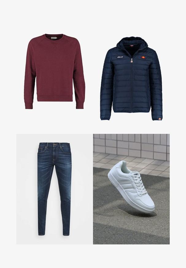 Marineblauwe gewatteerde jas met een capuchon, ritsluiting, kanalenstiksel en logoaccenten op de borst en mouw. Zachte, gestructureerde stof.; Bordeaux sweatshirt met een ronde hals, raglanmouwen, geribbelde manchetten en zoom, gemaakt van een zachte katoenmix.; Donkerblauwe denim jeans met een slim fit, subtiele vervaging, vijf zakken en een metalen knoopsluiting. Gestikte accenten in contrasterende kleur.; Witte sportsneaker met een glad leren bovenwerk, vetersluiting aan de voorkant, geperforeerde neus en een geprofileerde zool. Minimalistisch ontwerp met drie zijstrepen.