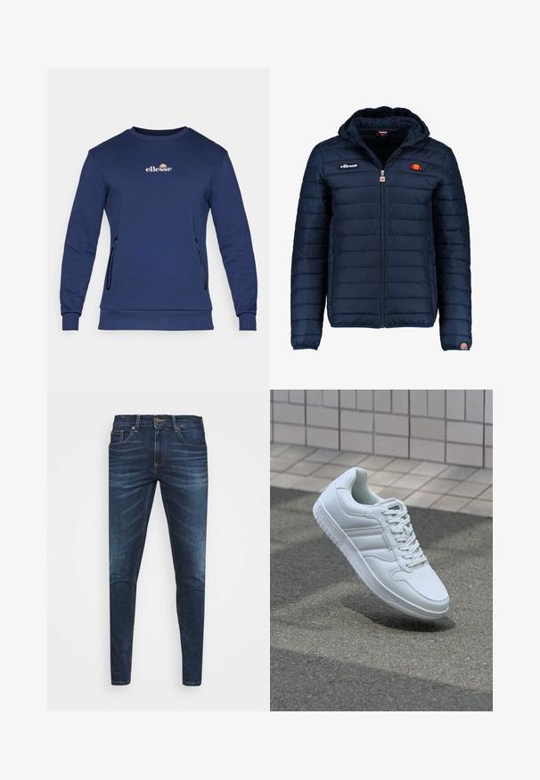 Námornícky modrá prešívaná bunda s kapucňou, zipsom, kanálovým prešívaním a logovými akcentmi na hrudi a rukáve. Mäkkučká, textúrovaná tkanina.; Námornícky modrý sweatshir s jemnou tkaninou, s kruhovým výstrihom, dlhými rukávmi, bočnými zipsovými vreckami a malým logom 'ellesse' na hrudi.; Tmavomodré džíny s úzkym strihom, jemným opotrebovaním, piatimi vreckami a kovovým zapínaním. Šité akcenty v kontrastnej farbe.; Biele atletické tenisky s hladkým koženým zvrškom, šnurovaním vpredu, perforovanou špičkou a vzorovanou podrážkou. Minimalistický dizajn s tromi bočnými pruhmi.