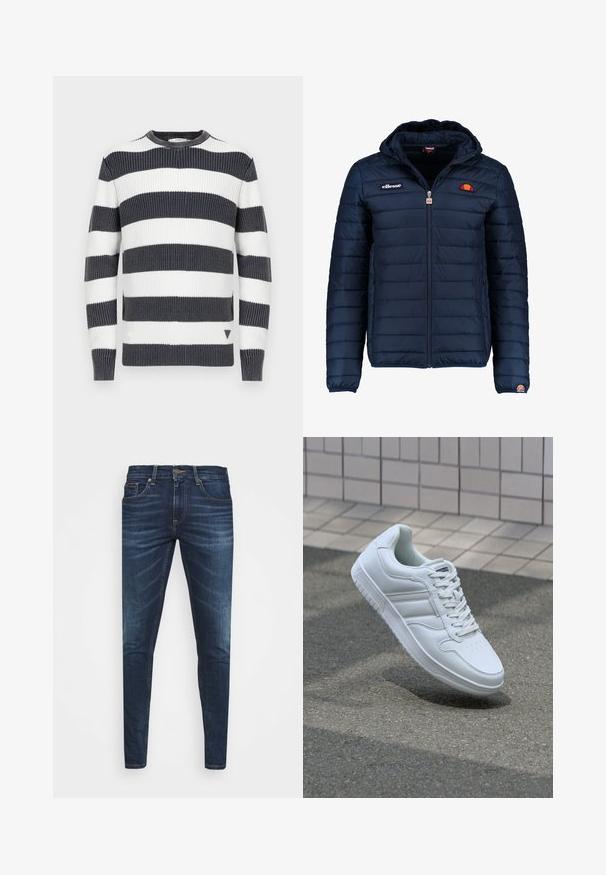 Navy blue puffer jacket with a hood, zip closure, channel stitching, and logo accents on the chest and sleeve. Soft, textured fabric.; Striped sweater with thick navy and white horizontal stripes; ribbed texture; crew neck; small triangular accent on the hem.; Dark blue denim jeans with a slim fit, subtle fade, five pockets, and a metal button closure. Stitched accents in contrasting color.; White athletic sneaker with smooth leather upper, lace-up front, perforated toe, and patterned sole. Minimalist design with three side stripes.