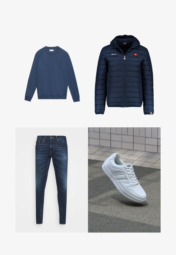 Mørkeblå puffjakke med hætte, lynlåslukning, kanalstyret syning og logo-detaljer på brystet og ærmet. Blødt, struktureret stof.; Langærmet blå crewneck sweatshirt med raglanærmer, ribstrikkede manchetter og kant, samt en lille broderet "X" detalje under halsudskæringen.; Mørkeblå denim jeans med slim fit, subtil falming, fem lommer og metalknaplukning. Syede detaljer i kontrastfarve.; Hvide atletiske sneakers med glat læderoverdel, snørelukning foran, perforeret tå og mønstret sål. Minimalistisk design med tre sidelister.