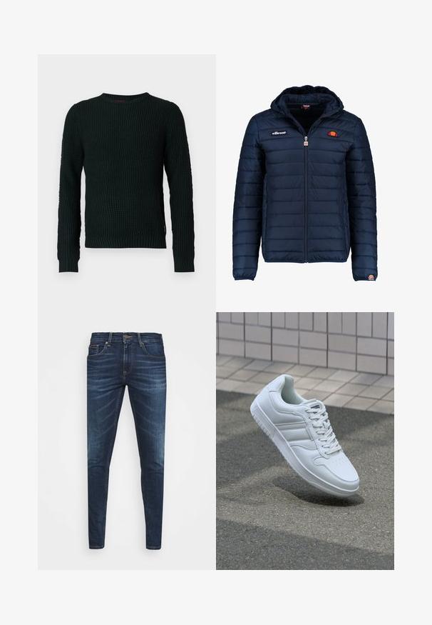 Granatowa kurtka puchowa z kapturem, zapinana na zamek, z przeszyciami w kształcie kanałów oraz akcentami loga na piersi i rękawie. Miękka, teksturowana tkanina.; Czarny, gruby sweter z okrągłym dekoltem, długimi rękawami oraz ściągaczami przy mankietach i dolnej krawędzi, prezentowany na białym tle.; Granatowe dżinsy o slim fit, delikatnym wyblaknięciu, pięciu kieszeniach i metalowym zapięciem. Haftowane akcenty w kontrastowym kolorze.; Białe sportowe trampki z gładkiej skóry, z zapięciem na sznurowadła, perforowanym noskiem i wzorzystą podeszwą. Minimalistyczny design z trzema paskami po bokach.