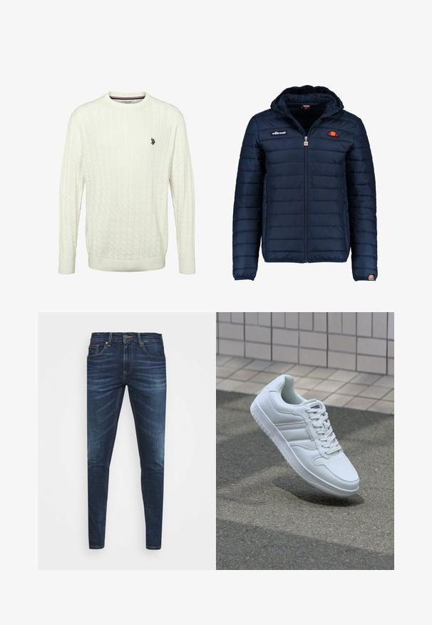 Granatowa kurtka puchowa z kapturem, zapinana na zamek, z przeszyciami w kształcie kanałów oraz akcentami loga na piersi i rękawie. Miękka, teksturowana tkanina.; Biały sweter z warkoczowym splotem, z prążkowanym dekoltem i mankietami. Posiada mały czarny haftowany emblemat po lewej stronie. Teksturowana tkanina.; Granatowe dżinsy o slim fit, delikatnym wyblaknięciu, pięciu kieszeniach i metalowym zapięciem. Haftowane akcenty w kontrastowym kolorze.; Białe sportowe trampki z gładkiej skóry, z zapięciem na sznurowadła, perforowanym noskiem i wzorzystą podeszwą. Minimalistyczny design z trzema paskami po bokach.