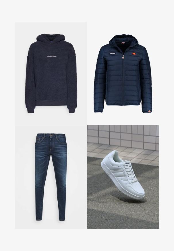 Dunkelblaue Daunenjacke mit Kapuze, Reißverschluss, Kastensteppnähten und Logo-Akzenten auf der Brust und dem Ärmel. Weicher, strukturierter Stoff.; Dunkelblaues Fleece-Hoodie mit langen Ärmeln, gerippten Bündchen und Saum sowie dem Text "Originals Studio", der mittig auf der Brust platziert ist.; Dunkelblaue Jeans im Slim Fit mit subtiler Verwaschung, fünf Taschen und einem Metallknopfverschluss. Genähte Akzente in kontrastierender Farbe.; Weiße sportliche Sneaker mit Obermaterial aus glattem Leder, Schnürfront, durchlöchtem Zehenbereich und gemusterter Sohle. Minimalistisches Design mit drei Seitenstreifen.