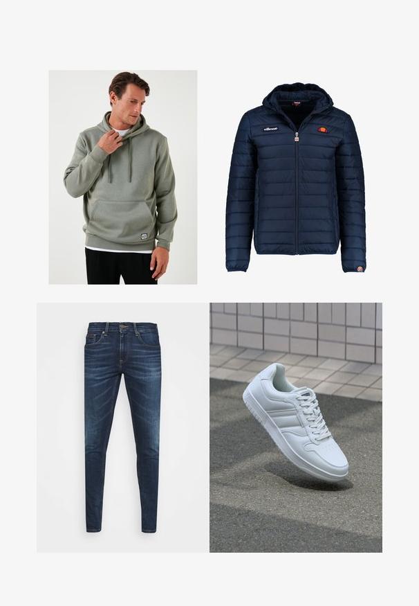 Mornaricnoplava pufasta jakna s kapuljačom, zatvaranje na zip, kanalno šivanje i akcenti s logom na prsima i rukavu. Mekani, teksturirani materijal.; Svijetlozeleni dukserica s kenguru džepom, vezicama, rebrastim manžetama i malim logotipom pri rubu. Glatka tekstura, ležeran dizajn.; Tamno plave traperice uskog kroja, s blagim izbljeđivanjem, pet džepova i metalnim zatvaranjem na dugme. Šivani detalji u kontrastnoj boji.; Bijela atletska tenisica s glatkim kožnim gornjim dijelom, vezanjem sprijeda, perforiranim vrhom i uzorkovanim đonom. Minimalistički dizajn s tri bočne pruge.