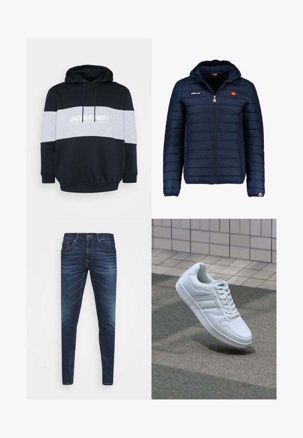 Veste matelassée bleu marine avec capuche, fermeture zippée, coutures en canaux et accents de logo sur la poitrine et la manche. Tissu doux et texturé.; Sweatshirt à capuche avec un corps noir, une bande horizontale grise et un logo en texte blanc. Confectionné en mélange de coton doux avec des poignets et un ourlet côtelés.; Jean en denim bleu foncé avec une coupe slim, décoloration subtile, cinq poches et une fermeture à bouton en métal. Accents cousus dans une couleur contrastante.; Baskets blanches de sport avec une tige en cuir lisse, un laçage à l'avant, une pointe perforée et une semelle à motifs. Design minimaliste avec trois bandes latérales.