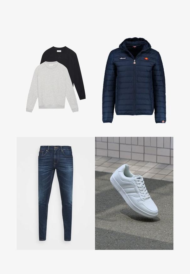 Dunkelblaue Daunenjacke mit Kapuze, Reißverschluss, Kastensteppnähten und Logo-Akzenten auf der Brust und dem Ärmel. Weicher, strukturierter Stoff.; Zwei Langarm-Sweatshirts mit Rundhalsausschnitt, eines hellgrau und vorne übereinandergelegt, das andere schwarz, beide mit gerippten Bündchen und Saum.; Dunkelblaue Jeans im Slim Fit mit subtiler Verwaschung, fünf Taschen und einem Metallknopfverschluss. Genähte Akzente in kontrastierender Farbe.; Weiße sportliche Sneaker mit Obermaterial aus glattem Leder, Schnürfront, durchlöchtem Zehenbereich und gemusterter Sohle. Minimalistisches Design mit drei Seitenstreifen.