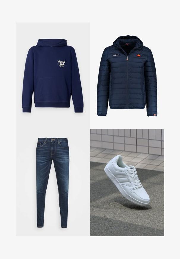 Marineblå puffjakke med hette, glidelås, kanalsøm og logoaksenter på brystet og ermet. Mykt, teksturert stoff.; Mørkeblå hettegenser med en kengurulomme foran, ribbede mansjetter og en logo på brystet. Laget av myk stoff med en jevn tekstur.; Mørkeblå denimjeans med smal passform, subtil falming, fem lommer og metallknaplukking. Sømmer i kontrastfarge.; Hvit atletisk sneaker med glatt skinnoverside, snøring foran, perforert tå og mønstrets såle. Minimalistisk design med tre side-striper.