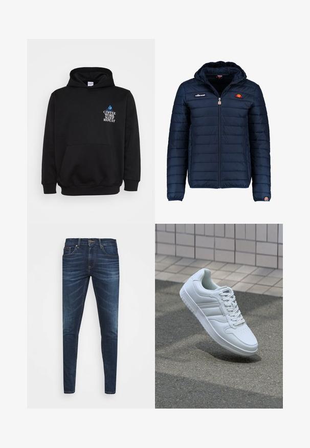 Tumedat sinised puffer jakk kapuutsiga, lukuga suletav, kanalite õmblustega ning logo aktsentidega rinnal ja varrukal. Pehme, tekstuuriga kangas.; Mustmust mustaga koos eesmise taskuga. Esiküljel on valge ja sinise tekstiga: "KOHV TÖÖ UNI KORDAMINE" ja joonistus istuvast inimesest.; Tumedat sinised teksad kitsas lõikes, kerge kulumisega, viie taskuga ja metallnööbiga sulgemine. Õmmeldud aktsendid kontrastsetes värvides.; Valge spordijalanõud silederja nahkvarrega, ninast paeltega, perforatsiooni tõttu ventilatsiooniga ning mustrilise tallaga. Minimalistlik disain, millel on kolm külgmist triipu.