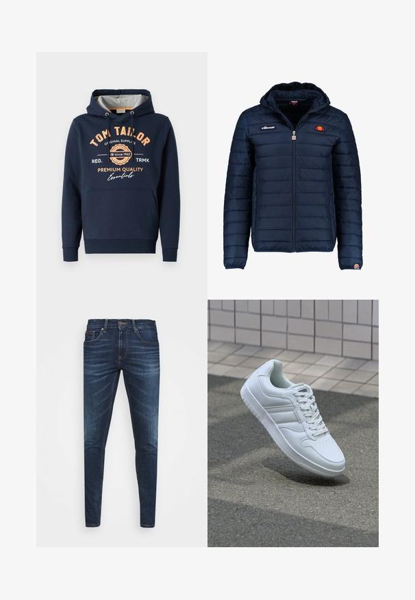 Tums zilā puffer jaka ar kapuci, rāvējslēdzēja aizdare, kanālu šuvēm un logotipa akcentiem uz krūtīm un piedurknēm. Mīksta, teksturēta auduma.; Jūras spēku kapuce ar džemperi, kas izgatavots no kokvilnas ar pelēku iekšpusi. Iezīmē oranžus uzrakstus un logo priekšā, kangaru kabatu un ribinātām aprocēm.; Tumši zili džinsi ar šauru piegriezumu, ar vieglu izbalēšanu, piecām kabatām un metalizētu pogu aizdari. Šuvju akcenti kontrastējošā krāsā.; Balti sporta apavi ar gludu ādas virsu, sasienamais priekšpuse, perforēts purngals un rakstaina zole. Minimālisma dizains ar trim sānu svītrām.