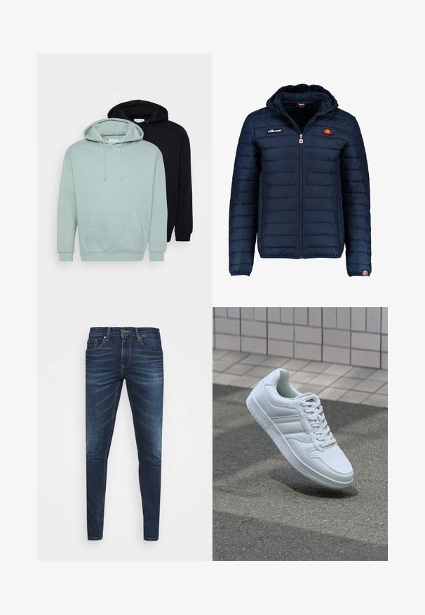 Mornaricnoplava pufasta jakna s kapuljačom, zatvaranje na zip, kanalno šivanje i akcenti s logom na prsima i rukavu. Mekani, teksturirani materijal.; Set od dva dukseva: jedan svijetlo zeleni mentol, jedan crni. Oboje imaju podesive žice, prednji džep i rebraste manžete i donji rub.; Tamno plave traperice uskog kroja, s blagim izbljeđivanjem, pet džepova i metalnim zatvaranjem na dugme. Šivani detalji u kontrastnoj boji.; Bijela atletska tenisica s glatkim kožnim gornjim dijelom, vezanjem sprijeda, perforiranim vrhom i uzorkovanim đonom. Minimalistički dizajn s tri bočne pruge.