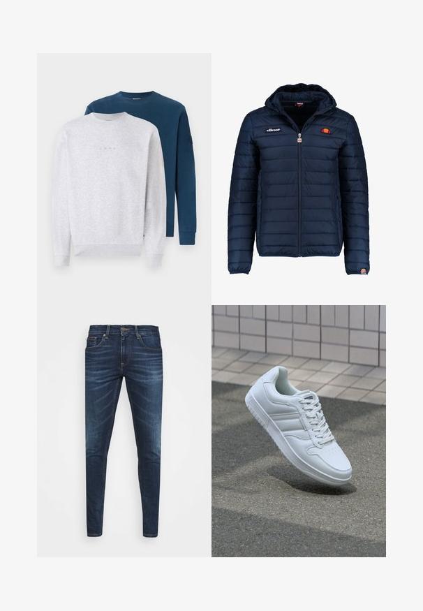 Marineblauwe gewatteerde jas met een capuchon, ritsluiting, kanalenstiksel en logoaccenten op de borst en mouw. Zachte, gestructureerde stof.; Twee sweaters gestapeld: één in lichtgrijs met een subtiel logo, de andere in donkerblauw. Beide hebben een ronde hals en ribafwerkingen aan de mouwen.; Donkerblauwe denim jeans met een slim fit, subtiele vervaging, vijf zakken en een metalen knoopsluiting. Gestikte accenten in contrasterende kleur.; Witte sportsneaker met een glad leren bovenwerk, vetersluiting aan de voorkant, geperforeerde neus en een geprofileerde zool. Minimalistisch ontwerp met drie zijstrepen.