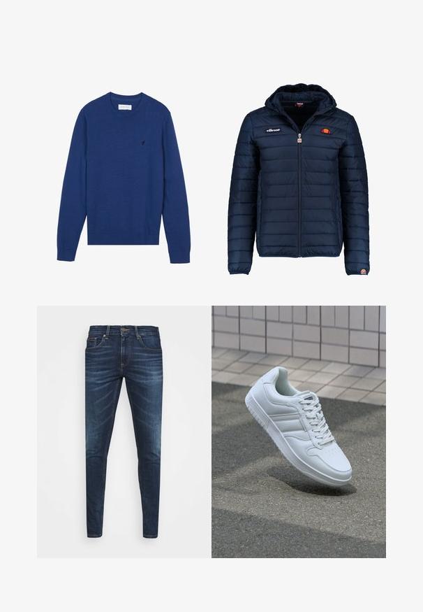 Jachetă puffer de culoare bleumarin, cu glugă, închidere cu fermoar, cusături în canale și detalii cu logo pe piept și pe mânecă. Material moale, texturat.; Pulover tricotat de culoare bleumarin, cu guler rotund, mâneci lungi și manșete cu model brăzdat. Prezintă un mic logo brodat pe piept.; Jeans din denim de culoare albastră închisă, cu o croială slim, ușor decolorate, cinci buzunare și închidere cu buton metalic. Detalii cusute în culori contrastante.; Adidași albi pentru sport cu superior din piele netedă, sistem de șireturi în față, vârf perforat și talpă cu model. Design minimalist cu trei dungi laterale.