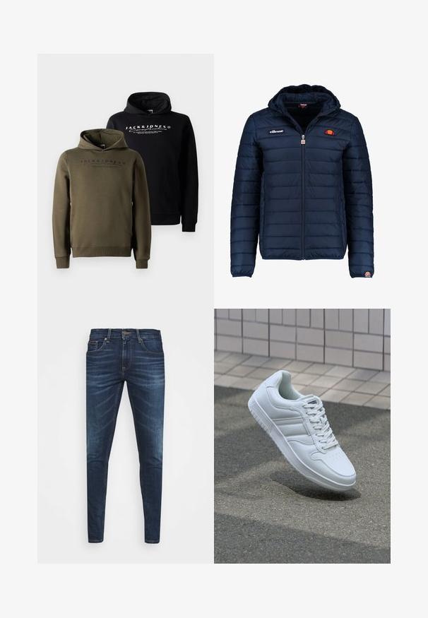 Mørkeblå puffjakke med hætte, lynlåslukning, kanalstyret syning og logo-detaljer på brystet og ærmet. Blødt, struktureret stof.; Hættetrøjer i sort og olivengrøn, med en frontkangaroo-lomme, snøre til hætten og trykt branding på brystet. Blødt, glat stof.; Mørkeblå denim jeans med slim fit, subtil falming, fem lommer og metalknaplukning. Syede detaljer i kontrastfarve.; Hvide atletiske sneakers med glat læderoverdel, snørelukning foran, perforeret tå og mønstret sål. Minimalistisk design med tre sidelister.
