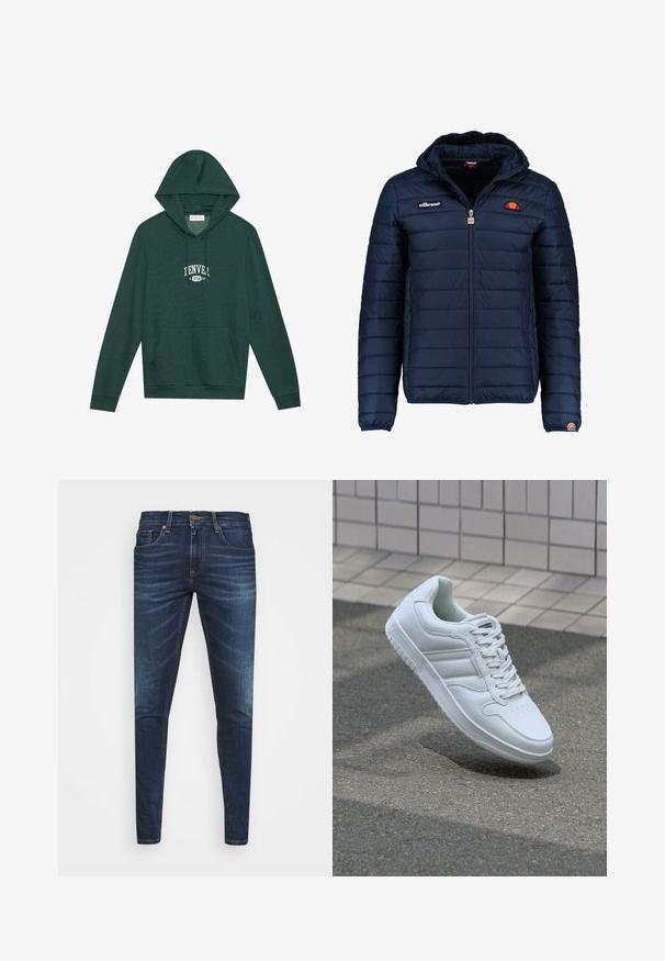 Tengerészkék puffos dzseki kapucnival, cipzáras záródással, csatorna varrással, és logóval díszített mellkassal és ujjakkal. Puha, texturált anyag.; Sötétzöld kapucnis pulóver, elülső zsebbel, kenguru stílusú, fehér "DENVER USA 96" grafikával a mellkasán, puha pamut anyagból készült.; Sötétkék farmernadrág, testhezálló fazonnal, finom áttűnéssel, öt zsebbel és fémből készült gombzárral. Kontrasztos színű varrási díszítések.; Fehér sportcipő sima bőr felsőrésszel, fűzős elülettel, perforált orral és mintázott talppal. Minimalista dizájn három oldalsávval.