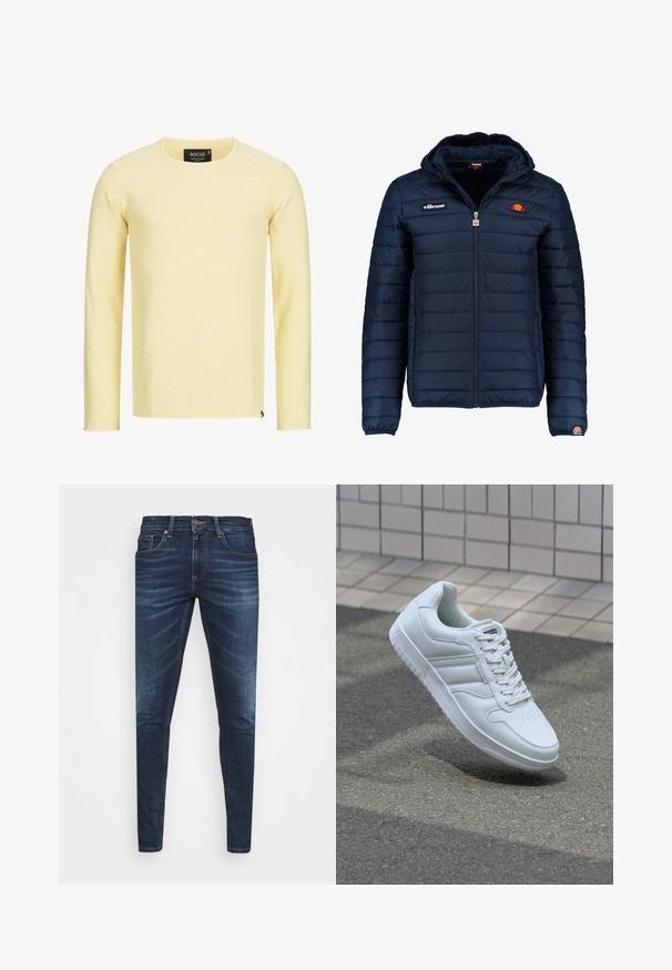 Mørkeblå puffjakke med hætte, lynlåslukning, kanalstyret syning og logo-detaljer på brystet og ærmet. Blødt, struktureret stof.; Gul, langærmet strikket sweater med rund halsudskæring, struktureret stof og et lille logomærke ved kanten. Flad pasform, ingen mønstre.; Mørkeblå denim jeans med slim fit, subtil falming, fem lommer og metalknaplukning. Syede detaljer i kontrastfarve.; Hvide atletiske sneakers med glat læderoverdel, snørelukning foran, perforeret tå og mønstret sål. Minimalistisk design med tre sidelister.