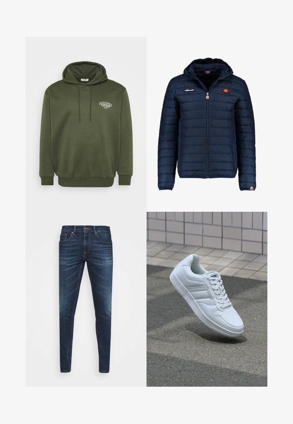 Námořnická modrá péřová bunda s kapucí, zipovým zapínáním, prošívaným vzorem a logem na hrudi a rukávu. Měkká, texturovaná látka.; Olivově zelená mikina z bavlněné směsi, která má přední klokánkovou kapsu, kapuci na šňůrku a bílé vyšívané logo na hrudi.; Tmavě modré džíny z denimu s úzkým střihem, jemným vyblednutím, pěti kapsami a kovovým zapínáním na knoflík. Šité akcenty v kontrastní barvě.; Bílé sportovní tenisky s hladkým koženým svrškem, šněrovacím předním dílem, perforovanou špičkou a vzorovanou podrážkou. Minimalistický design se třemi bočními pruhy.