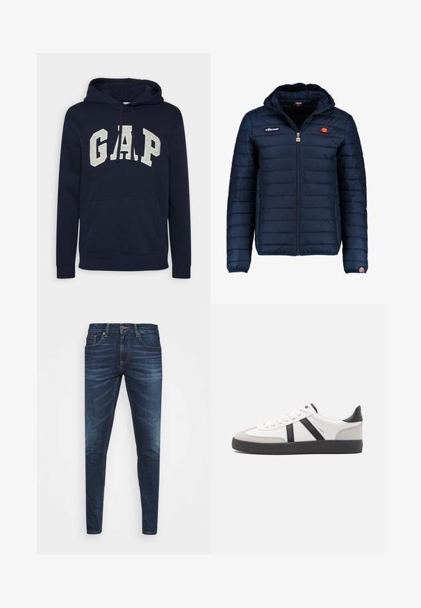 Giubbotto imbottito blu navy con cappuccio, chiusura con zip, cuciture a canale e dettagli con logo sul petto e sulla manica. Tessuto morbido e testurizzato.; Felpa in cotone blu navy con un grande logo "GAP" grigio chiaro, tasca a marsupio frontale e lacci per il cappuccio. Design classico con polsini a costine.; Jeans in denim blu scuro con vestibilità slim, leggero sbiadito, cinque tasche e chiusura con bottone in metallo. Dettagli cuciti in un colore a contrasto.; Sneaker bianco con accenti neri e grigi, dotata di una punta grigia testurizzata, suola in gomma nera e lacci bianchi piatti. Design pulito, stile minimalista.